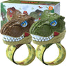 A set of dinosaur head walkie talkies for kids, featuring two green and brown dinosaur heads.