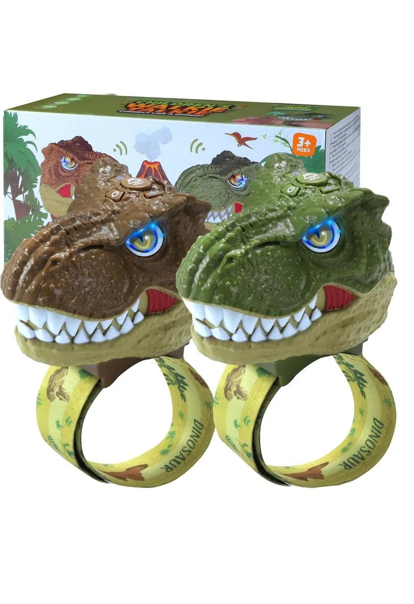 A set of dinosaur head walkie talkies for kids, featuring two green and brown dinosaur heads.