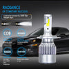 A silver LED headlight bulb with a yellow accent, designed for high performance and durability.