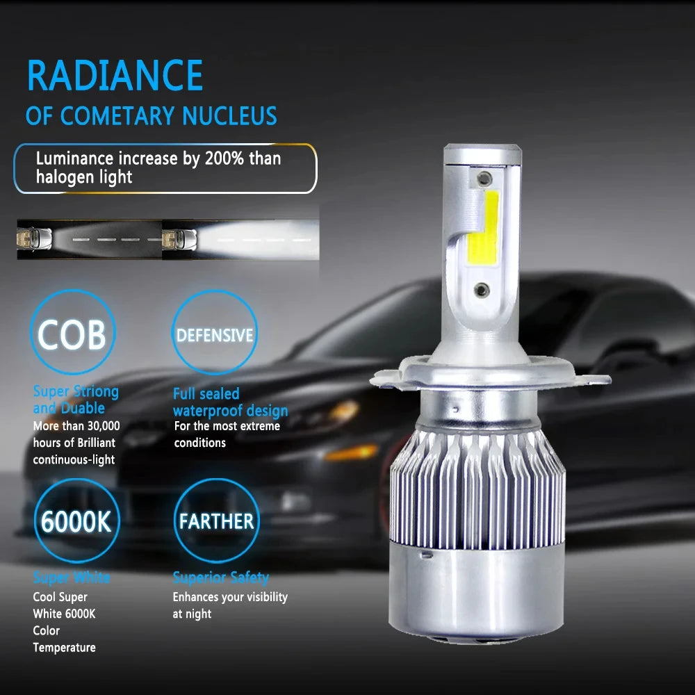 A silver LED headlight bulb with a yellow accent, designed for high performance and durability.