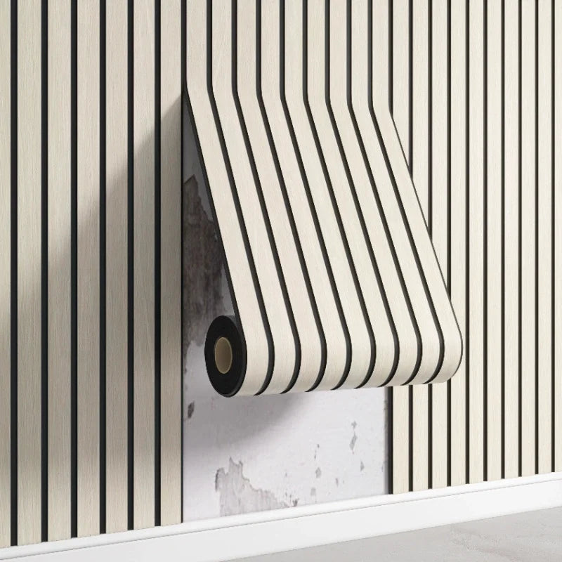 A roll of beige and black striped wood grid peel-and-stick wall panels mounted on a white shelf.