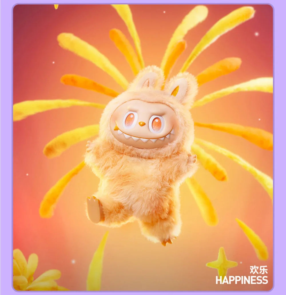 A fluffy, light brown plush doll resembling a rabbit with large ears and a wide smile against an orange background.