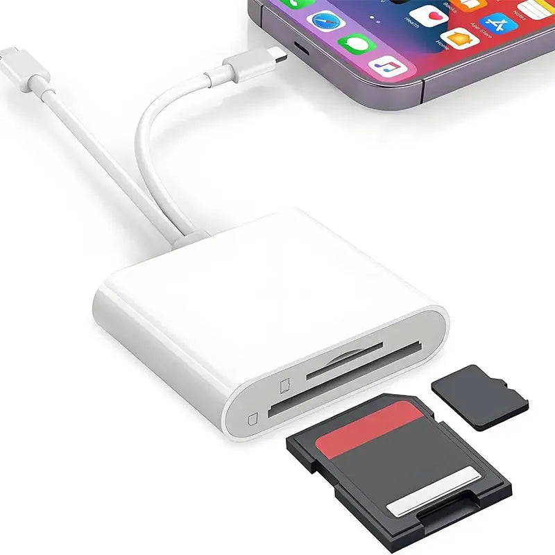 A white dual connector SD card reader with a cable and an SD card is shown next to an iPhone.