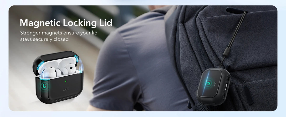 A black magnetic locking lid case for AirPods Pro, shown being used on a person's shoulder.
