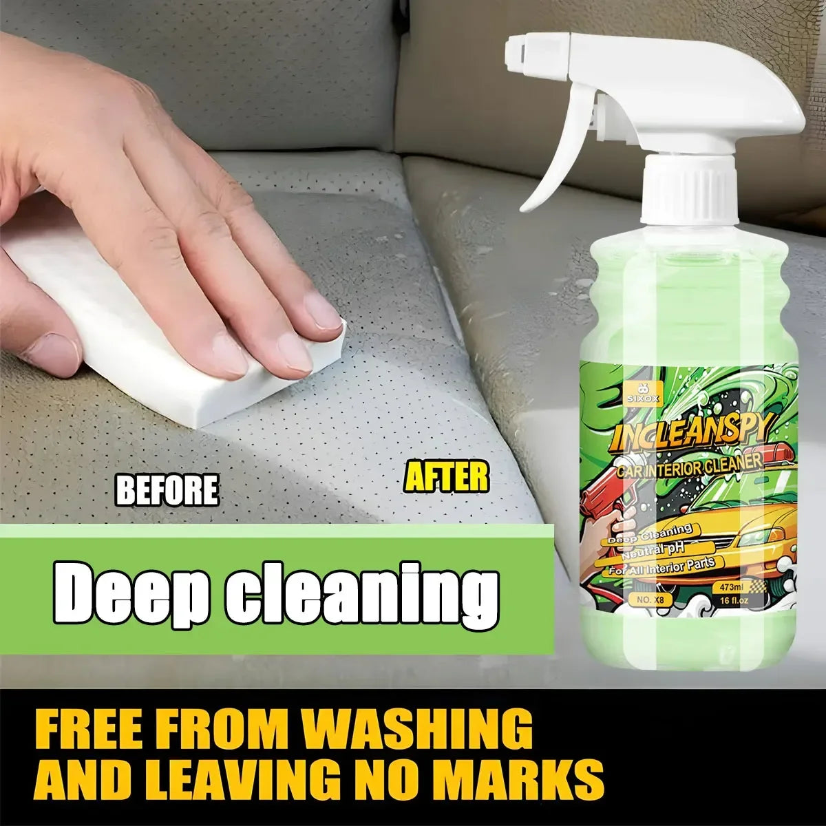 A hand is cleaning a car interior with a white cloth and a spray bottle of Ingleanspy car interior cleaner.