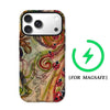 A phone case featuring a swirling ladybug design for a MagSafe compatible smartphone.
