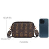A brown compact crossbody bag with multiple pockets shown next to an iPhone for scale.