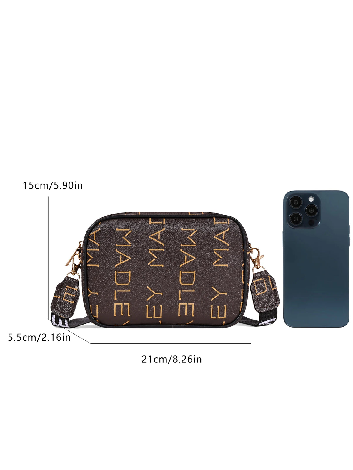 A brown compact crossbody bag with multiple pockets shown next to an iPhone for scale.