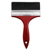 A red paint brush with a black bristled head and a silver metal ferrule and handle.