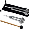 A set of three metal tuning forks, including 128Hz and 256Hz forks, displayed on a black cloth.