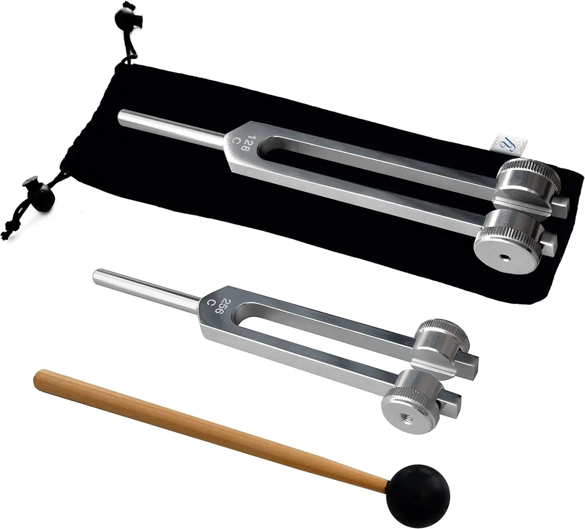 A set of three metal tuning forks, including 128Hz and 256Hz forks, displayed on a black cloth.