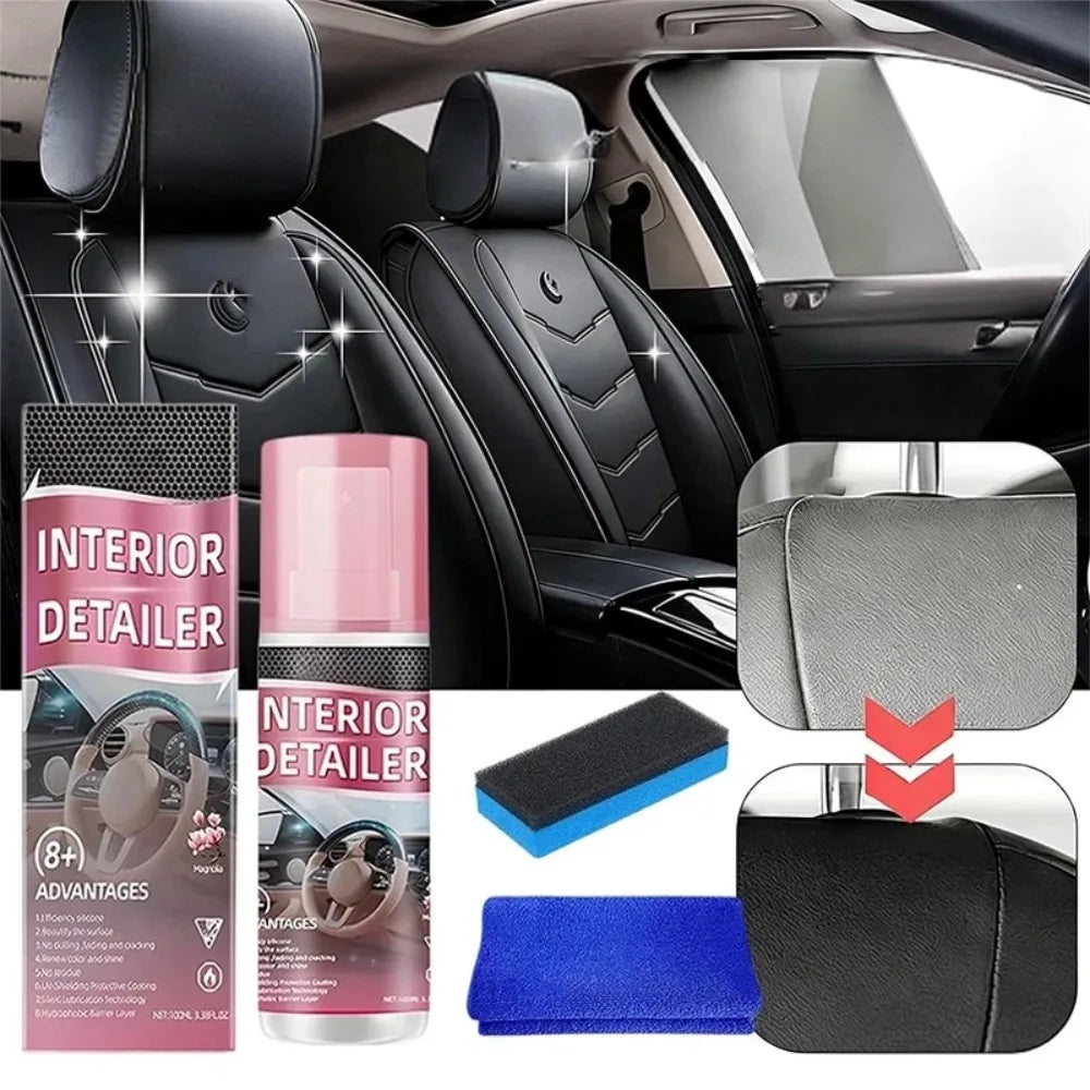 A set of rinse-free interior detailers including a cleaning brush and microfiber cloth for car dashboards and surfaces.