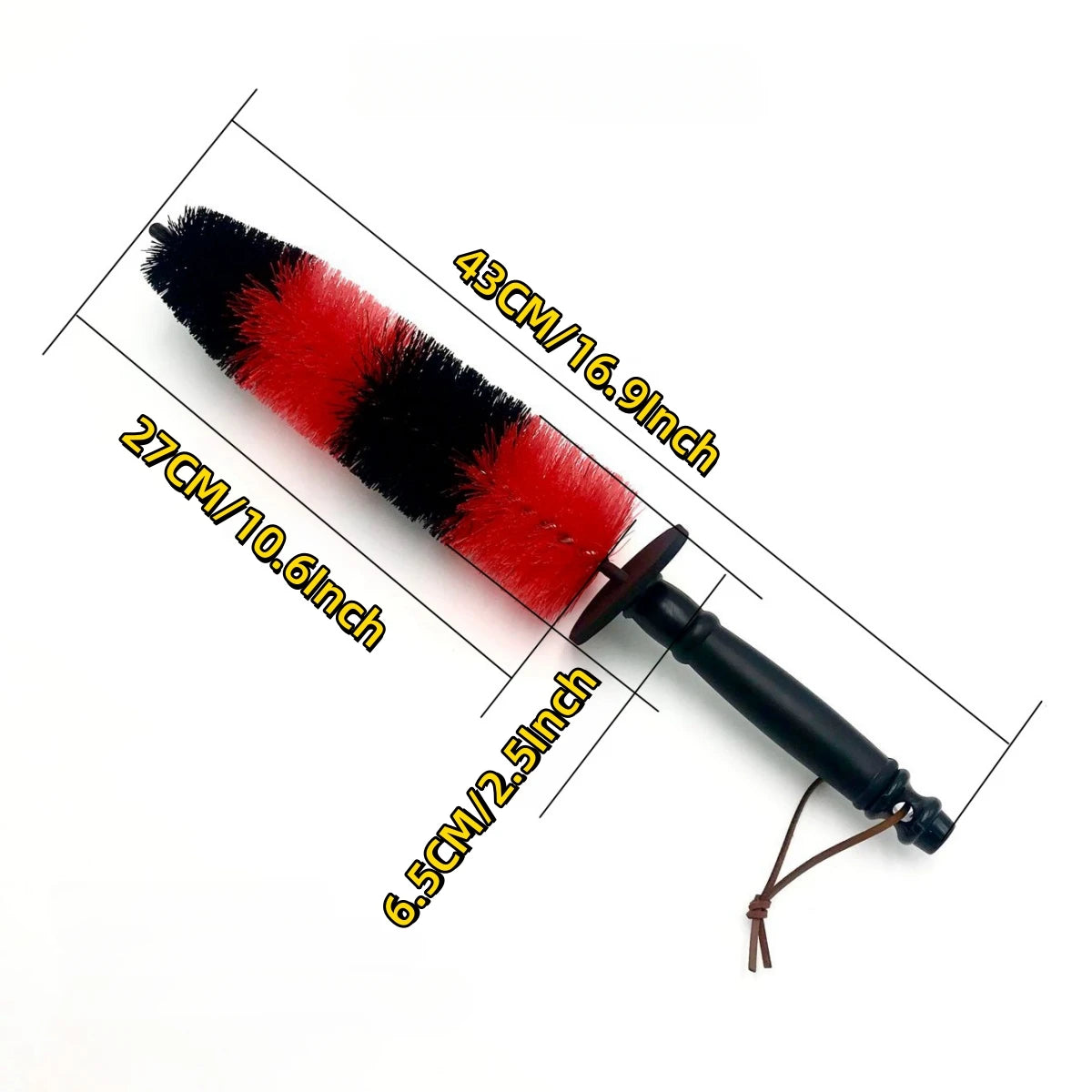 A long reach soft bristle cleaning brush with a black and red striped head and a black handle.