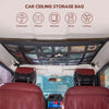 Car ceiling storage bag with mesh netting for organizing umbrellas, pillows, blankets, plush toys, and clothes in a vehicle.