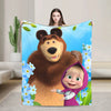 Flannel throw blanket featuring a cartoon design of a bear and a baby