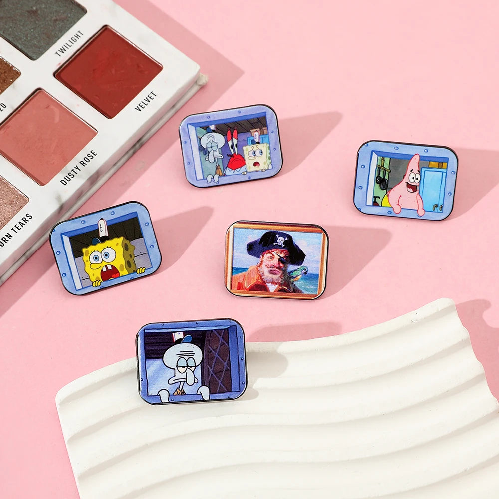 A collection of enamel pins featuring characters from SpongeBob SquarePants and Captain Patrick Star