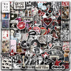 A collage of black and white graphics featuring text, skulls, hearts, and stylized elements for a Y2K retro graffiti sticker 