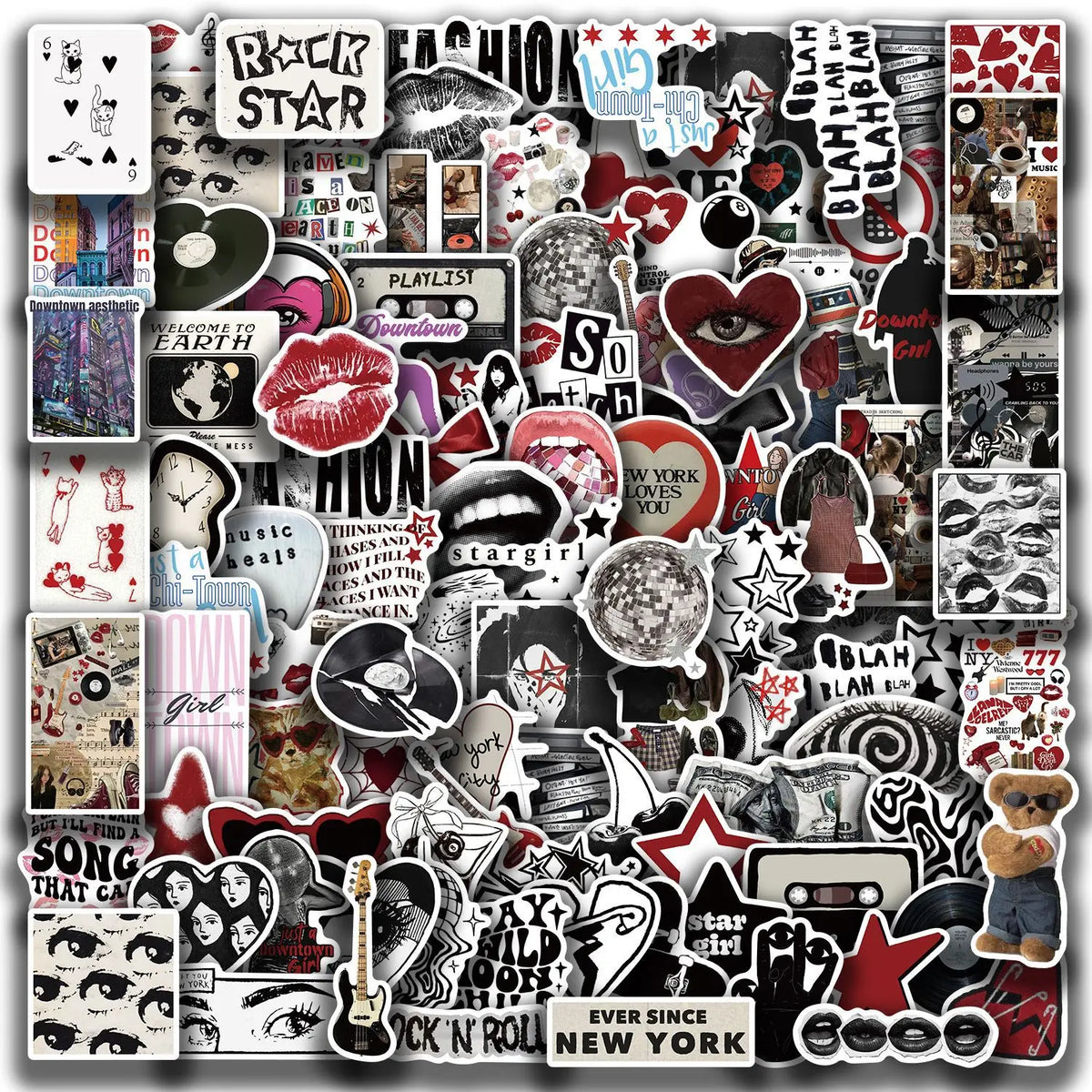 A collage of black and white graphics featuring text, skulls, hearts, and stylized elements for a Y2K retro graffiti sticker 