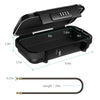 Black portable safe lock box with a lid showing internal dimensions and an attached steel cable.