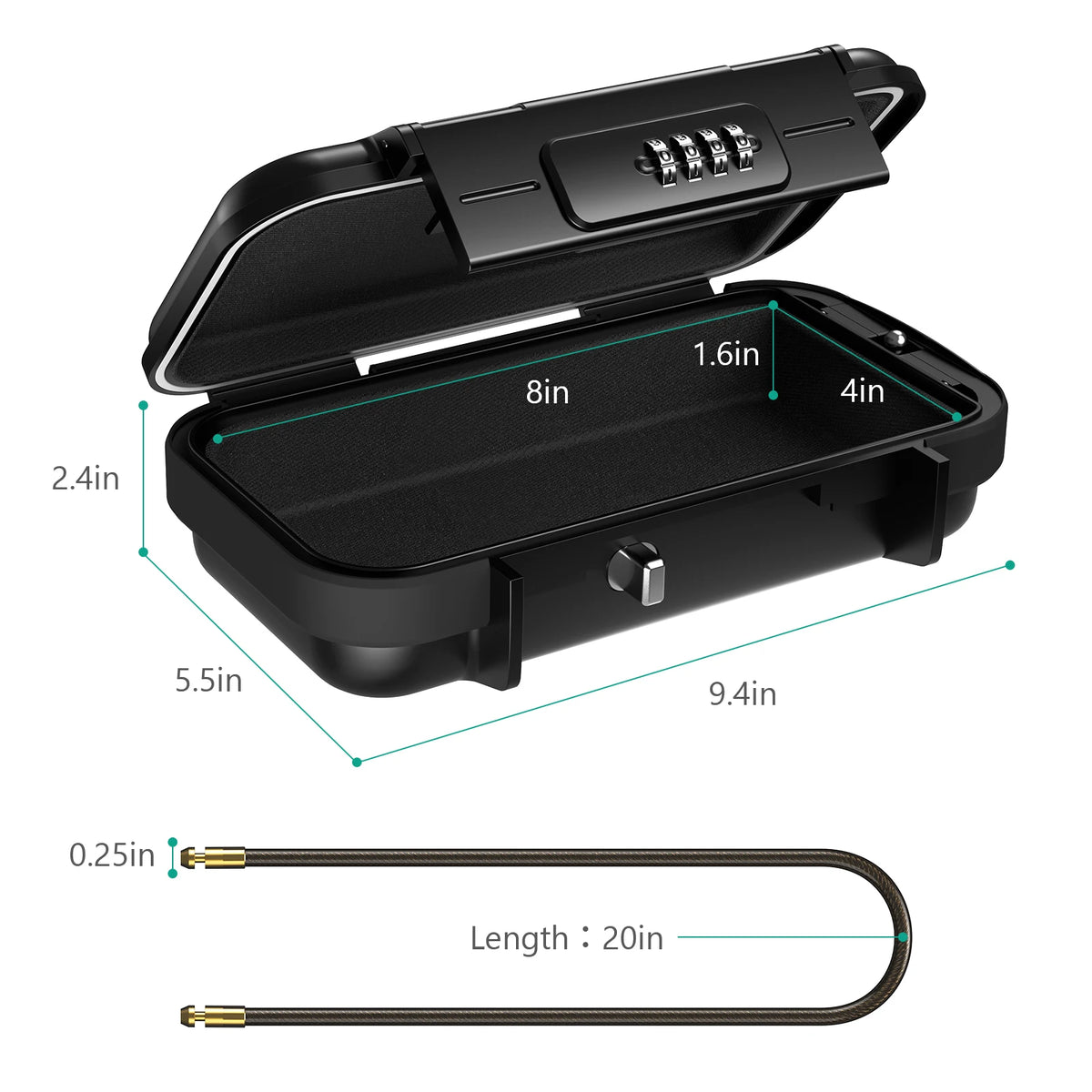 Black portable safe lock box with a lid showing internal dimensions and an attached steel cable.