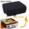 Black heavy-duty BBQ grill cover shown next to a BBQ grill with food on the grate.