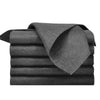A stack of dark gray microfiber cleaning cloths folded neatly.