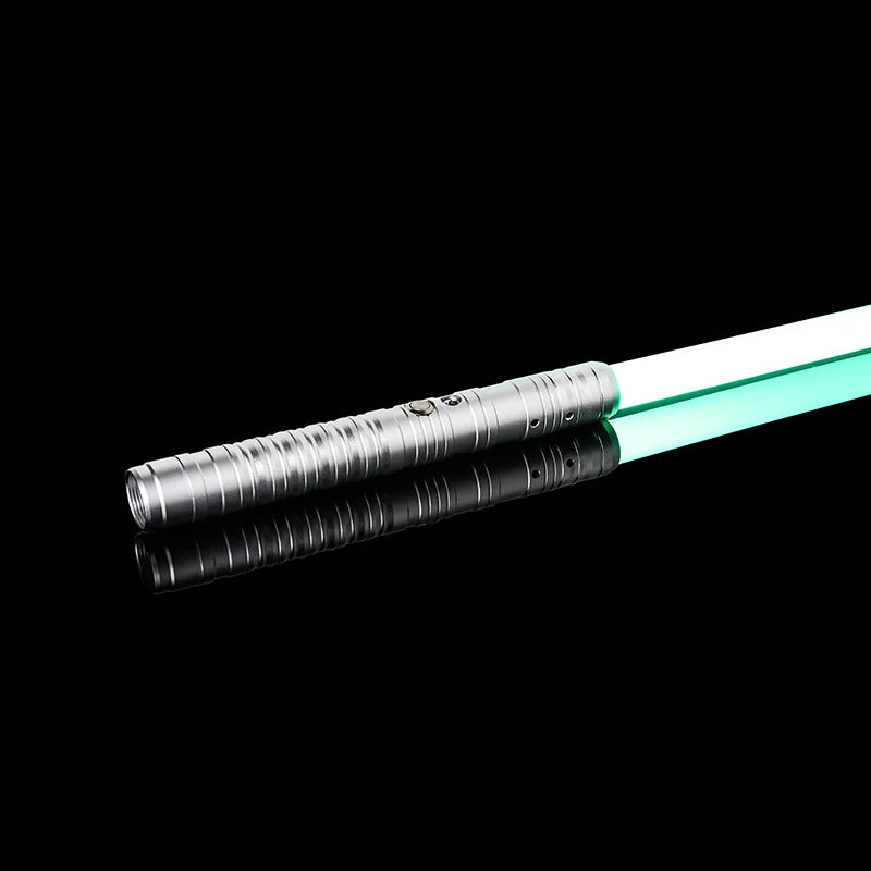 An RGB metal lightsaber with a silver hilt and a translucent cyan blade against a black background.