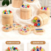 A set of wooden color sorting toys for toddlers featuring various colored pegs and stacking components.