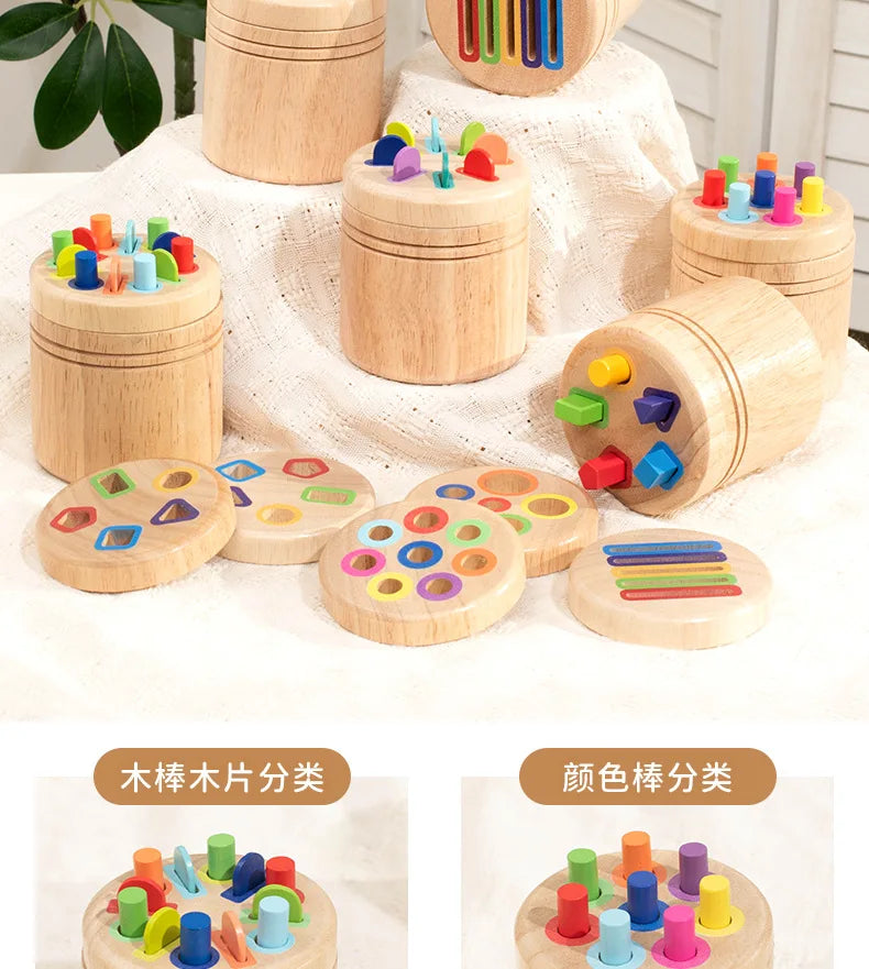A set of wooden color sorting toys for toddlers featuring various colored pegs and stacking components.