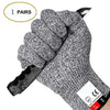 A pair of gray cut-resistant work gloves shown in a fist grip with a CE mark visible.