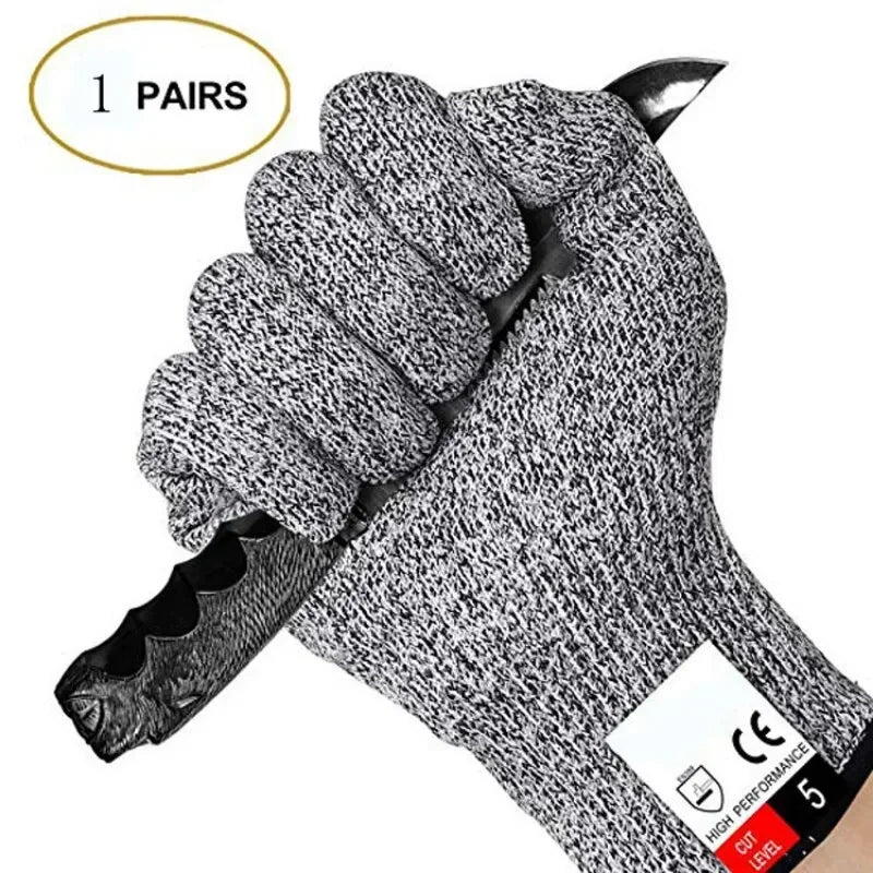 A pair of gray cut-resistant work gloves shown in a fist grip with a CE mark visible.