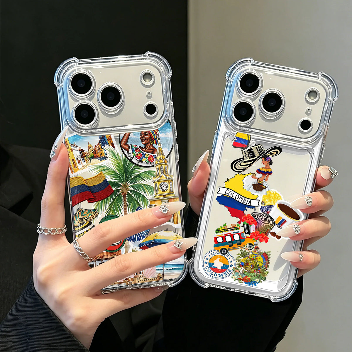 A clear phone case featuring Colombian art and a card holder is held by a person.