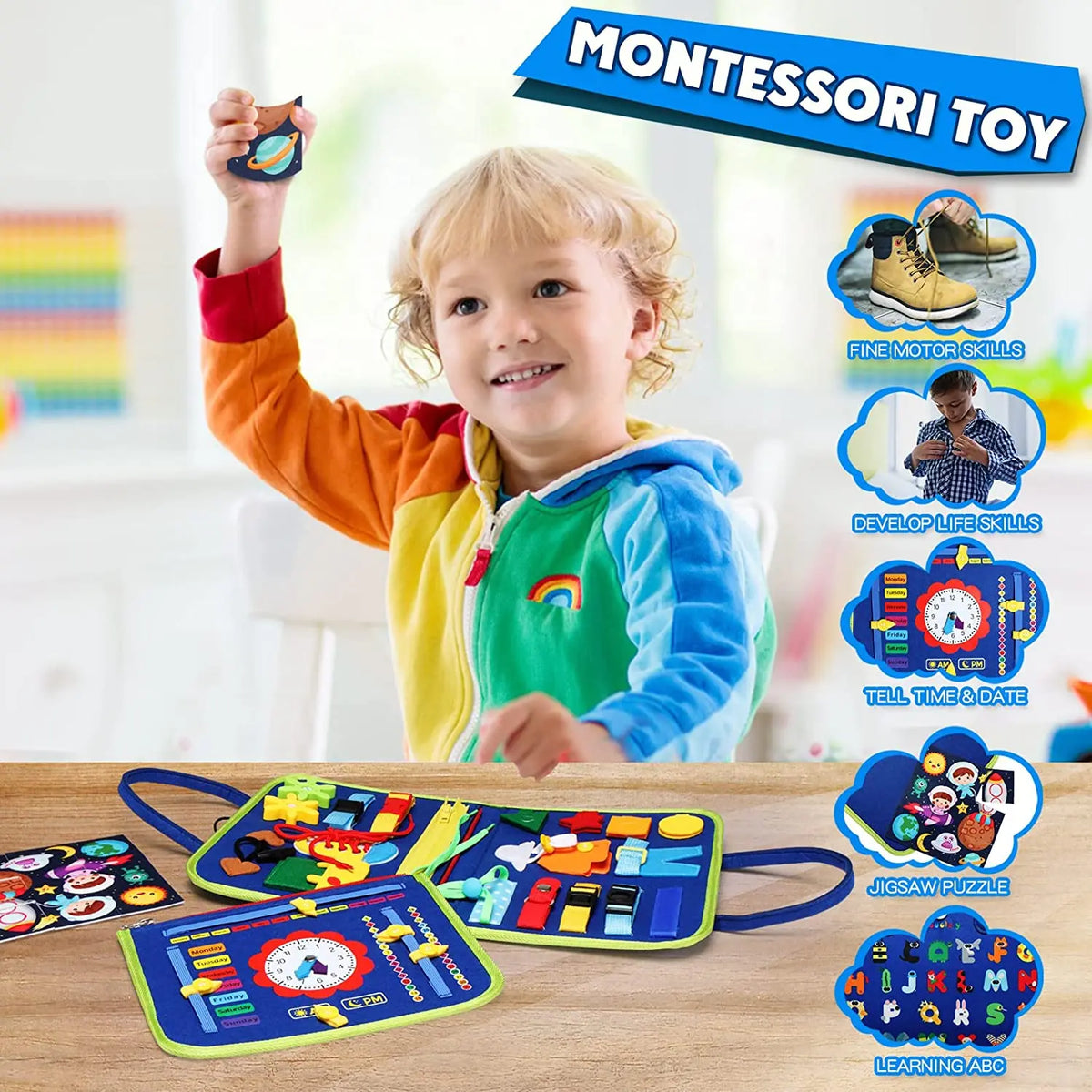 A smiling toddler holds up a colorful Montessori busy board for sensory and motor skill development.