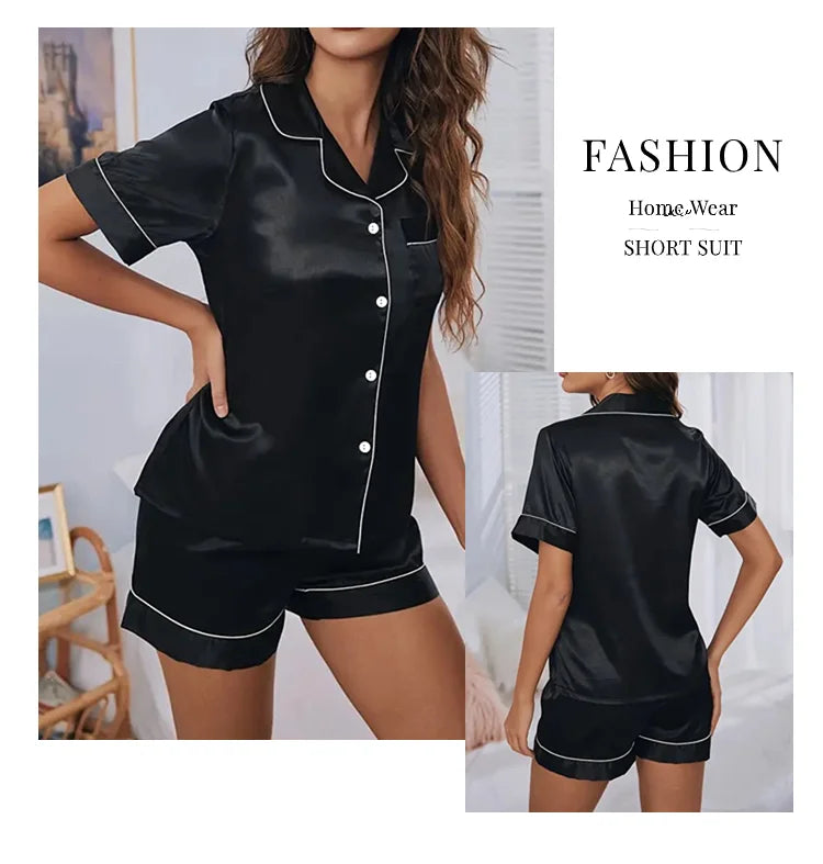 A woman models a black satin short suit consisting of a button-down top and matching shorts.