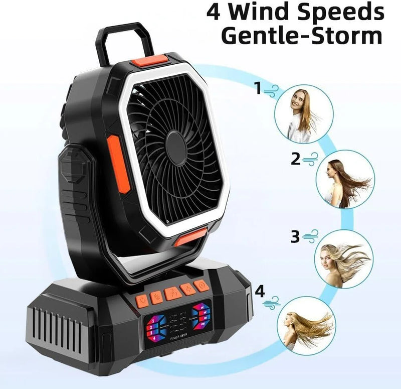 Ventilateur de Camping Portable avec Batterie Externe et Lumière LED