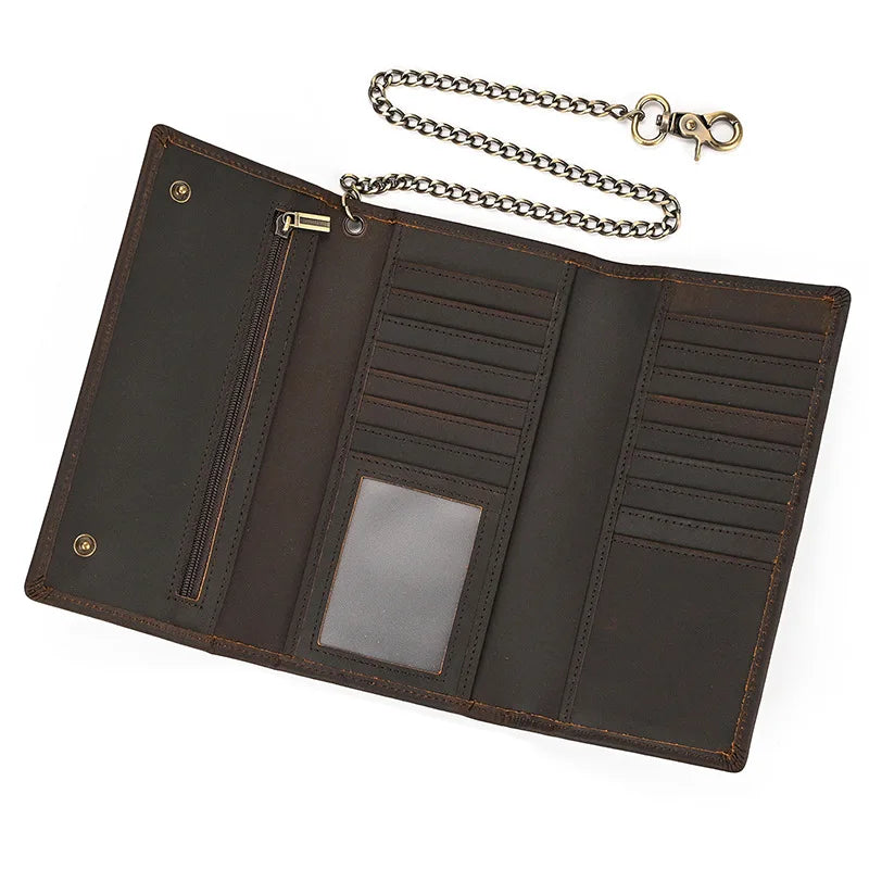 Vintage Leather Bifold Wallet with Metal Chain