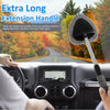 A hand holds an extra long extension handle for cleaning car windows, shown in a vehicle interior setting.