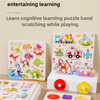 A set of wooden puzzle boards showing various life cycles and objects for educational learning