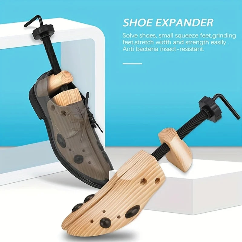 An adjustable wooden shoe expander tool shown with a shoe, demonstrating its use for stretching feet.