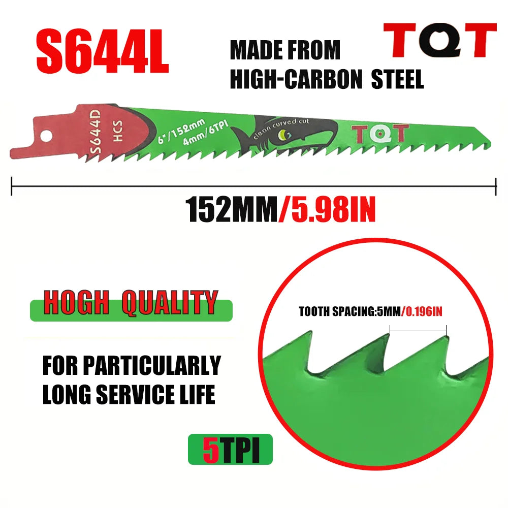 A green S644L reciprocating saw blade with 5 teeth per inch (TPI) and a TQT logo, made from high-carbon steel.