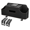 Black car back seat organizer featuring a cup holder, trash bin, and phone mount.