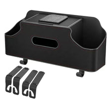 Black car back seat organizer featuring a cup holder, trash bin, and phone mount.