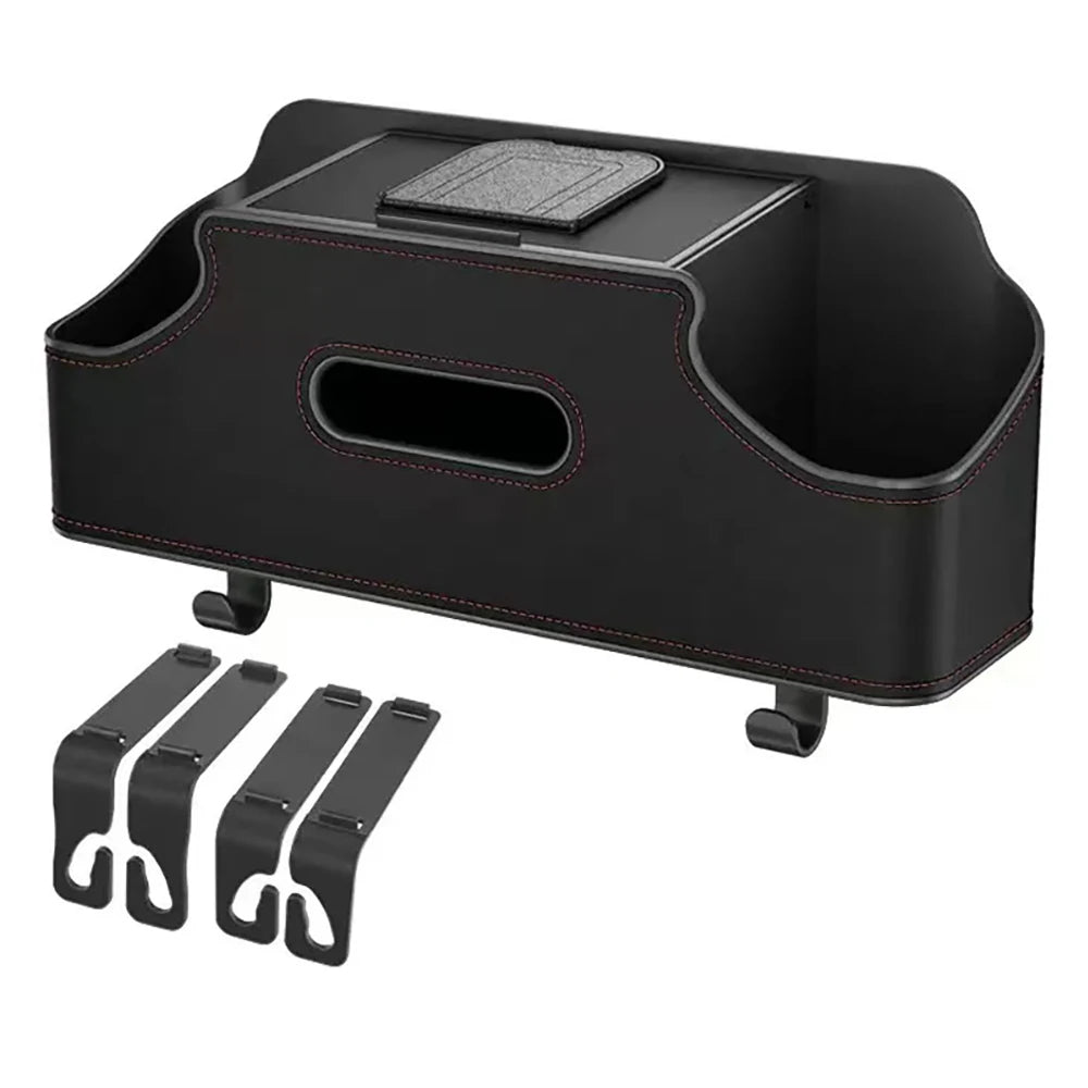 Black car back seat organizer featuring a cup holder, trash bin, and phone mount.