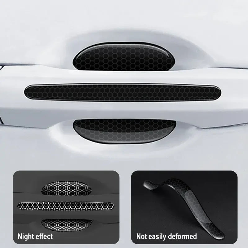 Close-up view of carbon fiber car door handle protector stickers showing night effect and non-deformable material.