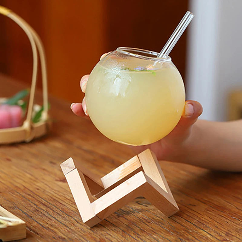 Verre à Cocktail Sphérique en Verre avec Base en Bois