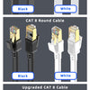 Verschiedene Farben und Typen von CAT8 Ethernet-Kabeln, flach, rund und aufgerüstet in schwarz, weiß und blau.