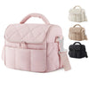 Pink insulated leakproof nylon lunch bag with quilted design and matching beige and black versions shown.
