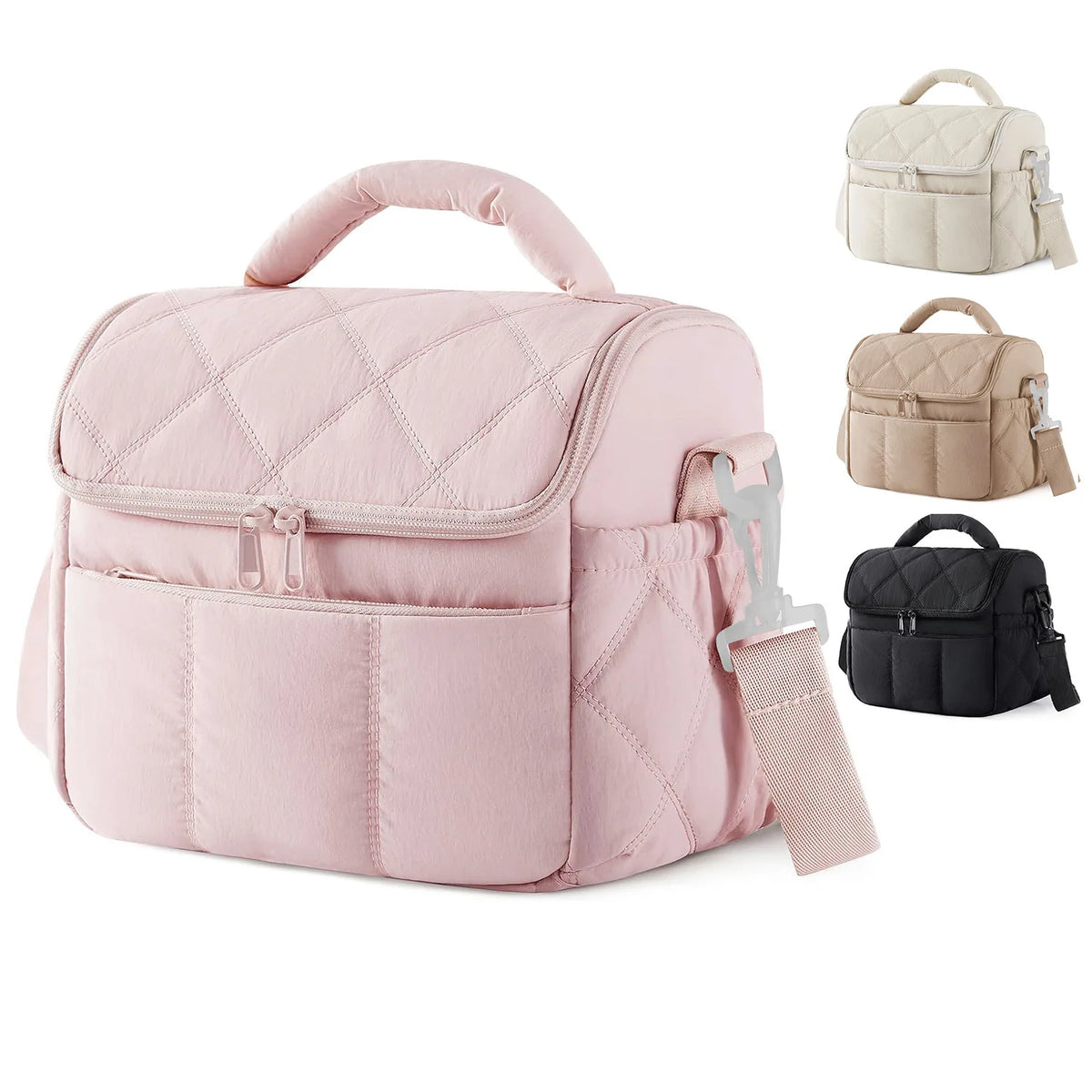 Pink insulated leakproof nylon lunch bag with quilted design and matching beige and black versions shown.