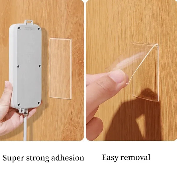 A white double-sided adhesive tape is shown being applied to a wooden surface, demonstrating strong adhesion and easy removal