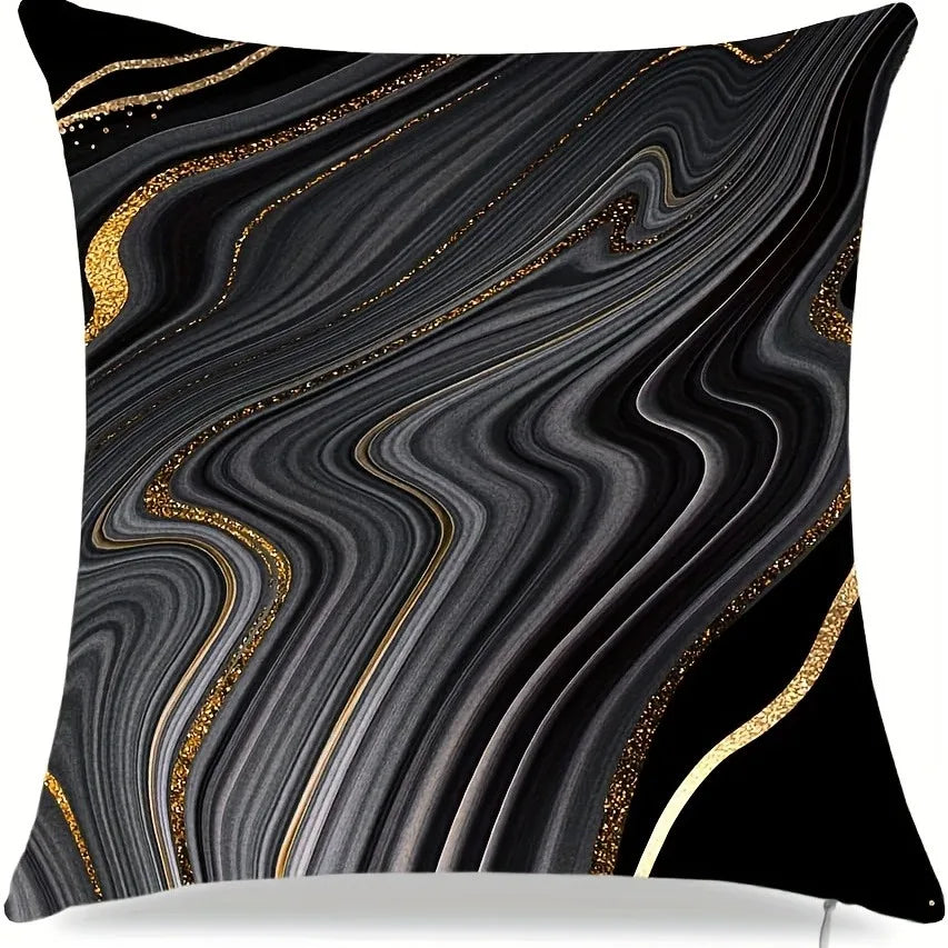 Black and gray marbled fabric throw pillow cover with gold dot patterns
